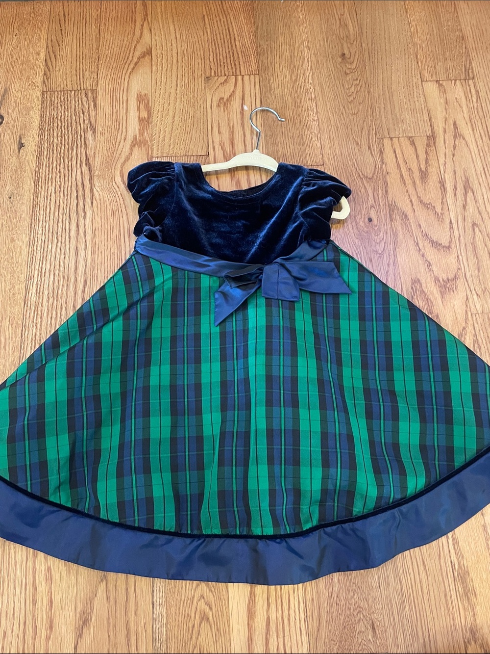 Good Lad Navy Velvet Bodice with Green Tartan Skirt Dress